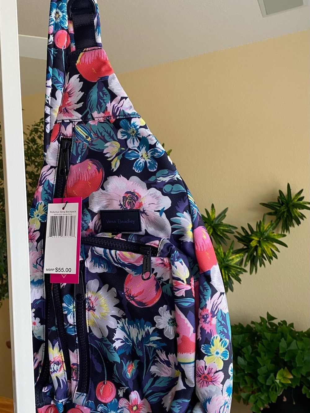 Vera Bradley Navy Floral Sling Backpack with Pink & Teal Accents
